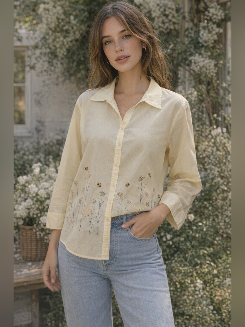 Crystal Embellished Honey Bee Cotton Cottagecore Button Down Shirt Sz M Whimsy